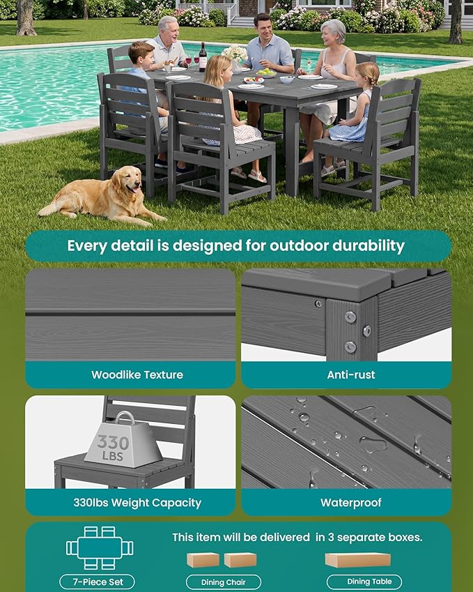 SERWALL Patio Dining Sets for 6 Person, HDPE Dining Set with 6 Armless Chairs, Gray