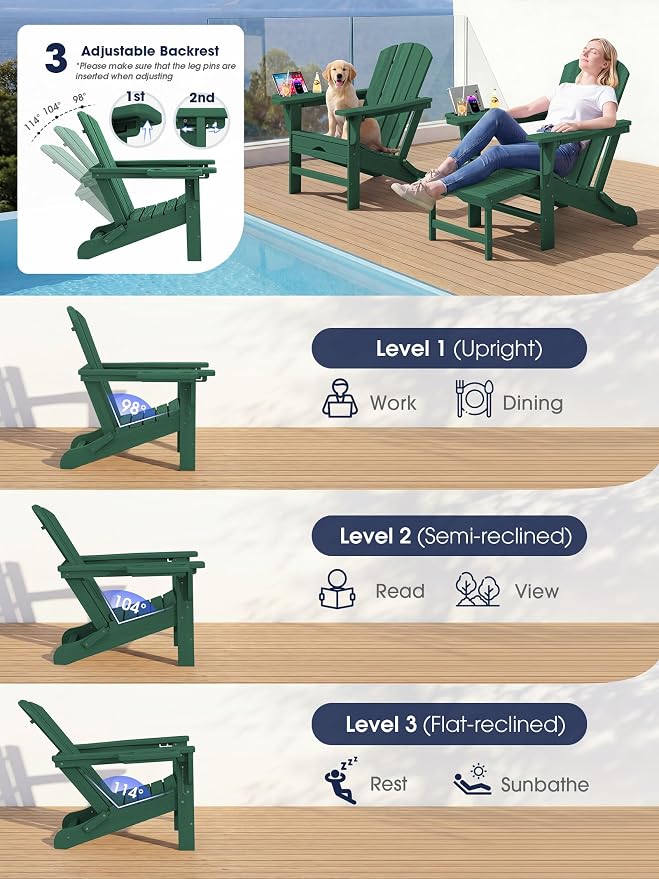 KINGYES Adjustable Folding Adirondack Chair with Footrest & 4-in-1 Multi-Functional Armrest Organizer Set of 2, HDPE Foldable Recliner Adirondack Chair with Pull-Out Ottoman, Green