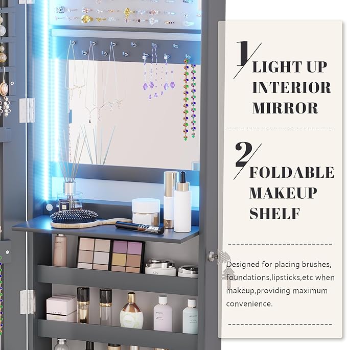 Vlsrka 47.2" LED Grey Jewelry Mirror Cabinet, Wall/Door Mounted Jewelry Armoire Organizer with Full-Length Mirror, Large Capacity Storage Hanging Cabinet, 4 Drawers, 5 Shelves
