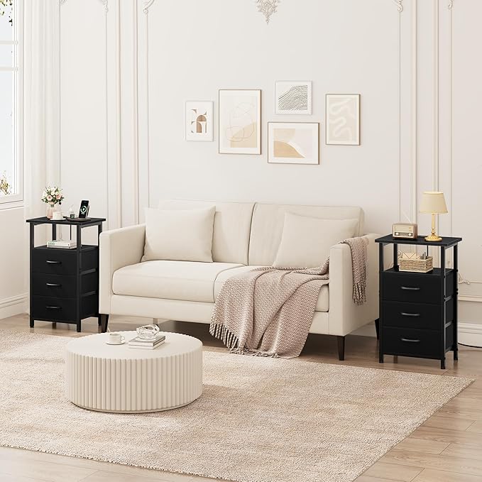 Vagusicc Nightstand with Charging Station, Bedside Table with USB Ports and Outlet, End Table Side Table with 3 Fabric Drawers and Storage Shelf, Bed Side Table Black Night Stand for Bedroom, Black
