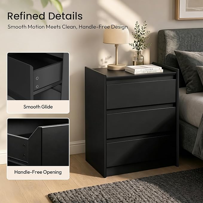 24" Tall Nightstand with Charging Station Including USB-C, Modern Bedside Table and Sofa End Table - Black, 3 Drawers, 1-Pack