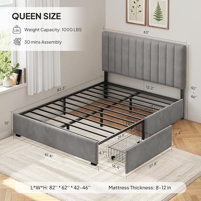 Welzona Queen Size Velvet Bed Frame with 2 Storage Drawers, Fully Upholstered Metal Platform Corner Bed Frame with Vertical Tufted Headboard, 3-Level Height, Easy Assembly, No Box Spring Needed, Grey