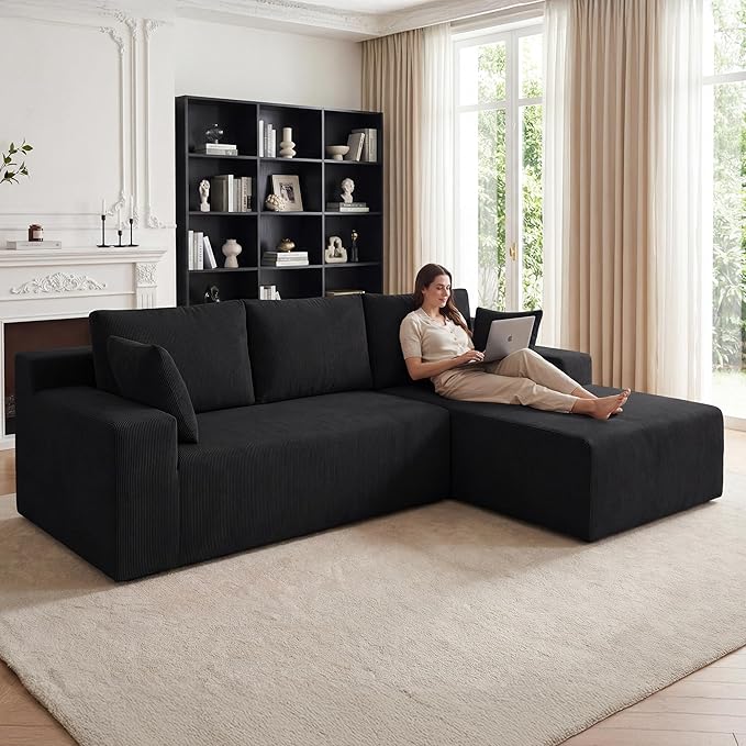 GRUSIGN Cloud Sectional Boneless Couches for Living Room, Modular L Shaped Couch with Deep Seat Oversized Right Facing Chaise, Memory Foam Compressed Spineless Sofa for Bedroom, Fine-Striped Black