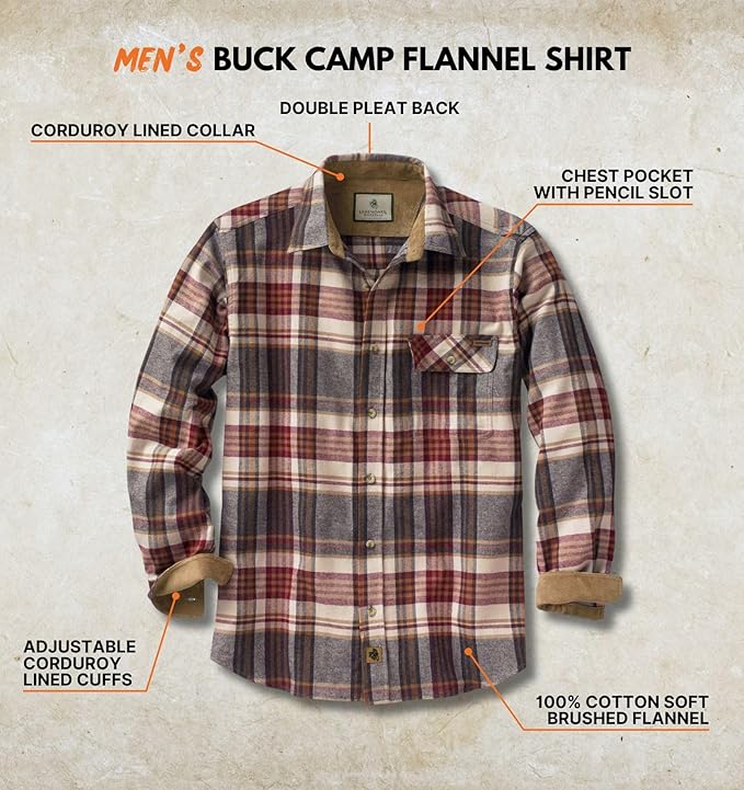 Legendary Whitetails Mens Long Sleeve Button Down 100% Cotton Flannel Shirt