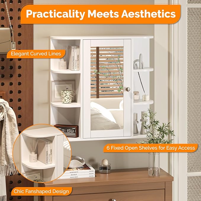 VINGLI Mirror Medicine Cabinet Wall Mounted, Bathroom Storage Organizer Over Toilet with 6 Open Curved Shelves, Adjustable Vanity Cupboard with Single Door for Entryway & Living Room, White