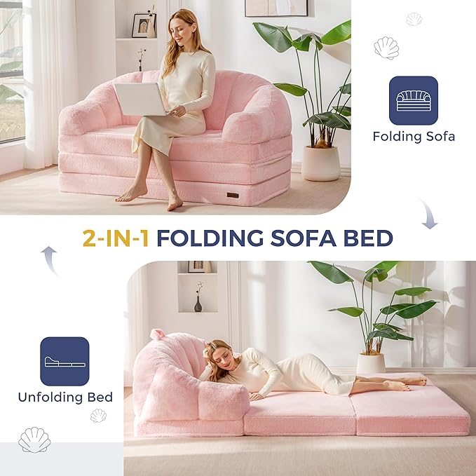 MAXYOYO Folding Sofa Bed, 2 in 1 Convertible Sofa to Lounger Comfy Loveseat Bean Bag Chair for Adults, Floor Sleeper Couch with Handle, Faux Fur Couch Bed for Living Room Bedroom, Pink, Loveseat