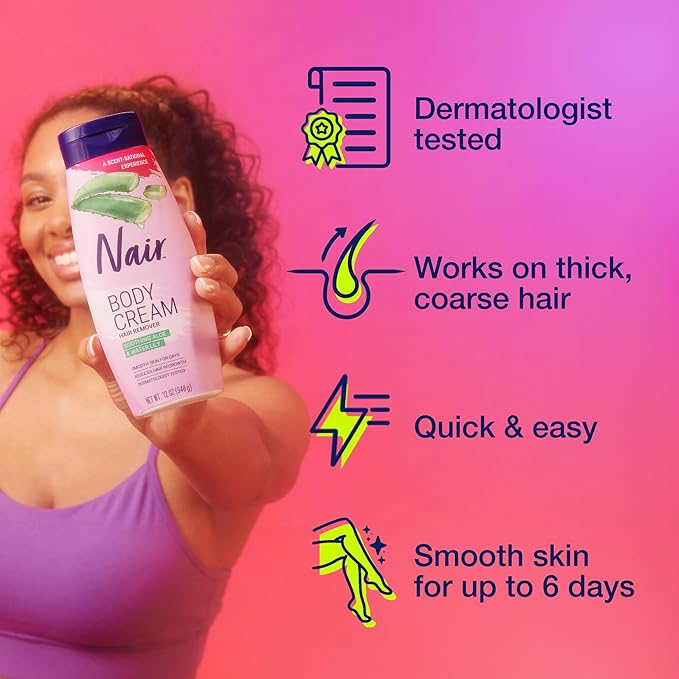 Nair Body Cream Hair Remover, Soothing Aloe and Water Lily, Dermatologist Tested Body Hair Removal Cream, with Evolved Ingredients, 12 Oz (Pack of 2)