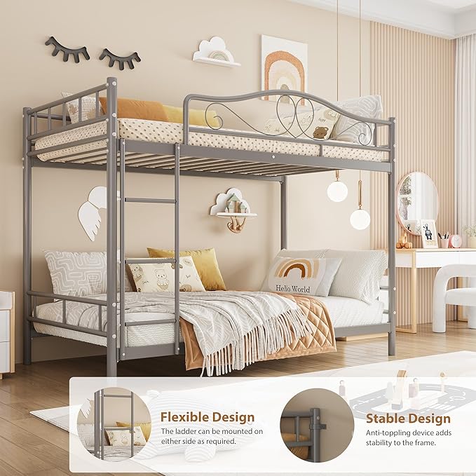 IDEALHOUSE Bunk Bed Twin Over Twin with Ladder & Full Safety Guardrail, Heavy Duty Metal Twin Over Twin Bunk Bed 400 Lbs Capacity, Space-Saving, Noise Free, No Box Spring Needed, Easy Assembly, Grey