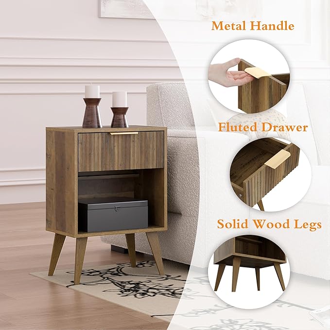 YAUKOMEL Fluted Night Stand with Opening Storage,Mid Century Bedside Table with Drawer,Wood Nightstand with Legs,End Table Side Table for Living Room,Bedroom,Caramel Oak 11.8"Dx15.7Wx 25.2"H CTG56BR