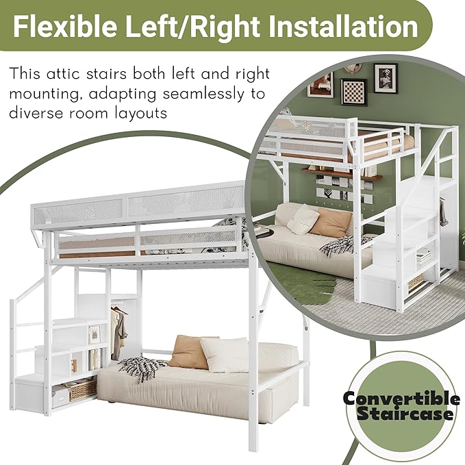 Mirightone Full Size Loft Bed with Stairs and Storage, Metal Loft Bed Frame with Bedside Shelf and Large Under-Bed Space, Heavy-Duty Loft Beds for Adults Teens and Kids, Convertible Staircase, White