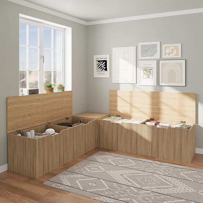 Bobve L-Shape Storage Bench with Cushion, Backless Corner Dining Bench, Kitchen Dining Nook Bench with Hidden Storage for Dining Room, Kitchen, Entryway (Natural Wood)