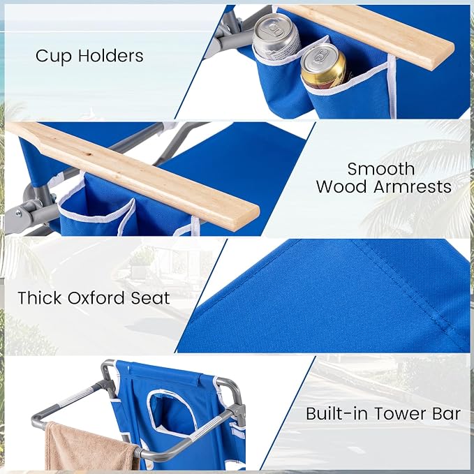 Goplus 3-in-1 Foldable Beach Chair, Lay-Flat Tanning Chair with Face and Arm Holes, Footrest, 330 lbs Heavy-Duty Portable Reclining Lounge Chairs for Outside, Camping, Patio, Poolside, Lawn (2,Navy)