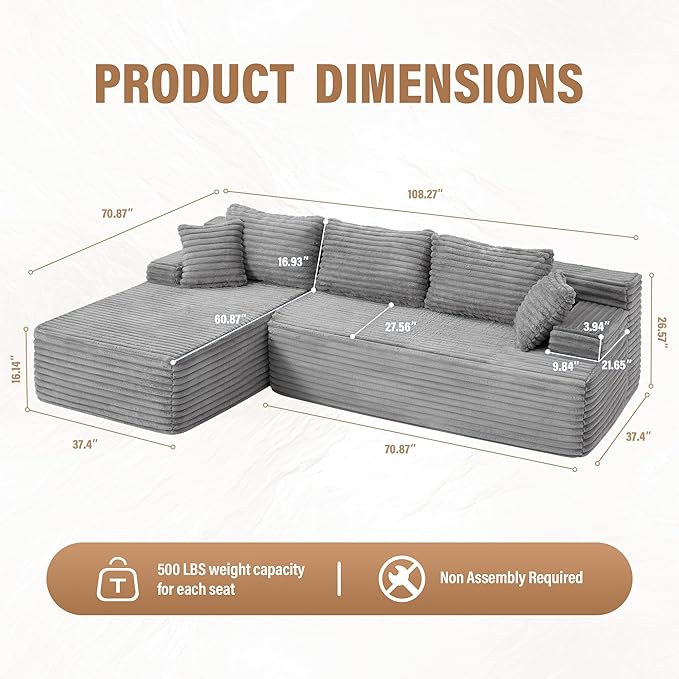 Hobestluk Modular Sectional Sofa Boneless Couch L-Shape Couch 3 Seat Modular Couch Memory Foam Sectional Couches for Living Room Furniture, Cloud Couch with Oversized Chaise (108" Left Facing Chaise)