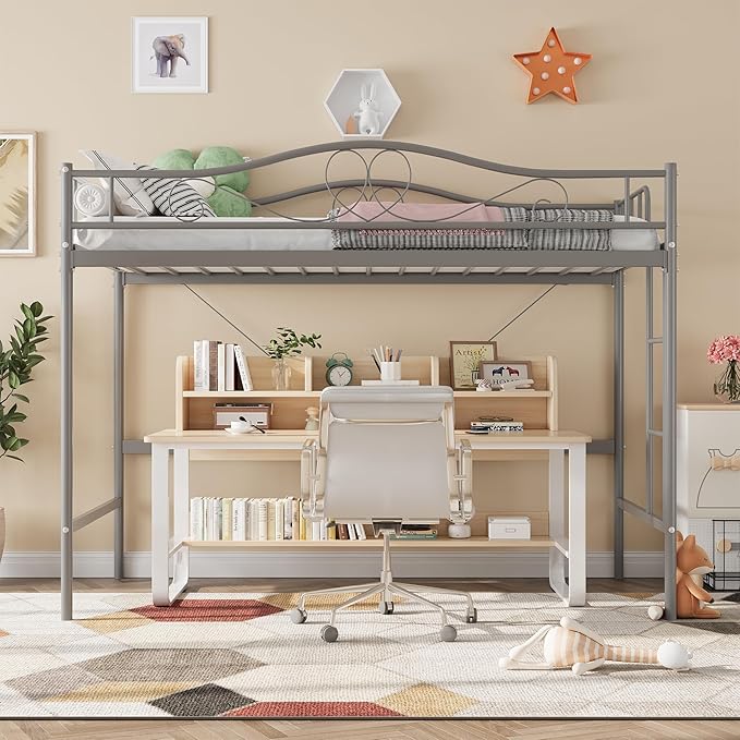 IDEALHOUSE Loft Bed Twin Size with Ladder & Full Safety Guardrail, Heavy Duty Metal Twin Loft Bed 400 Lbs Load Capacity, Space-Saving, Noise Free, No Box Spring Needed, Easy Assembly, Grey