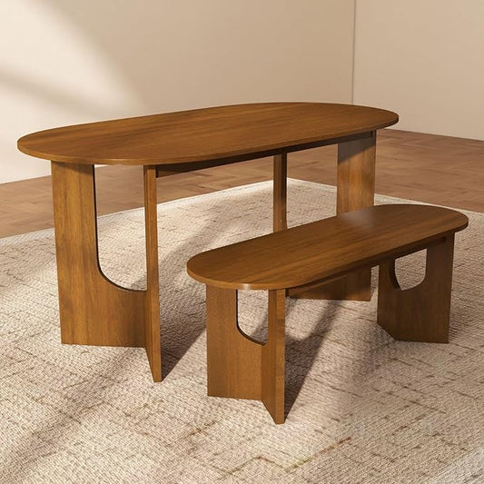 VESCASA Oval 63" L Dining Table with 47.25" L Bench, Walnut Wood Kitchen Table Set for Dining Room, Restaurant, 1 Table with 1 Bench