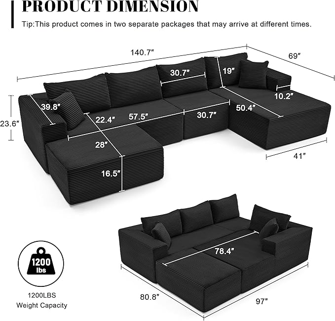 Mangodan 140” Cloud Sectional Couch, Boneless Sofa for Living Room, Modular Sectional Sofa with Deep Seat, Comfy Fluffy U-Shaped Couch with Right-Facing Chaise, No Assembly Required, Black