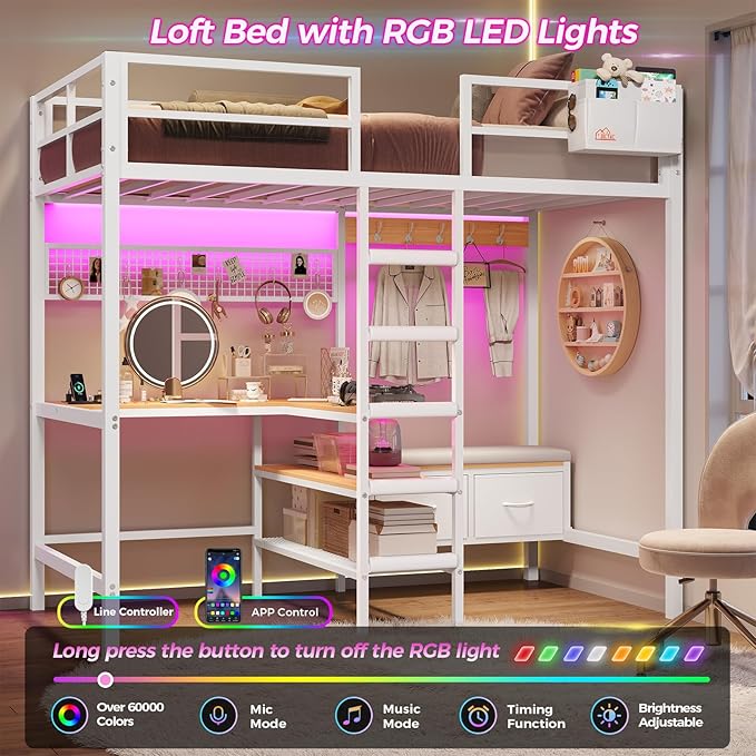 DICTAC Twin Loft Bed with L-Shaped Desk, Storage Shelves and Charging Station Twin Size Metal Loft Bed with LED Lights and Coat Rack with 2 Storage Drawers,Top Bunk with Safety Guard & Stair, White