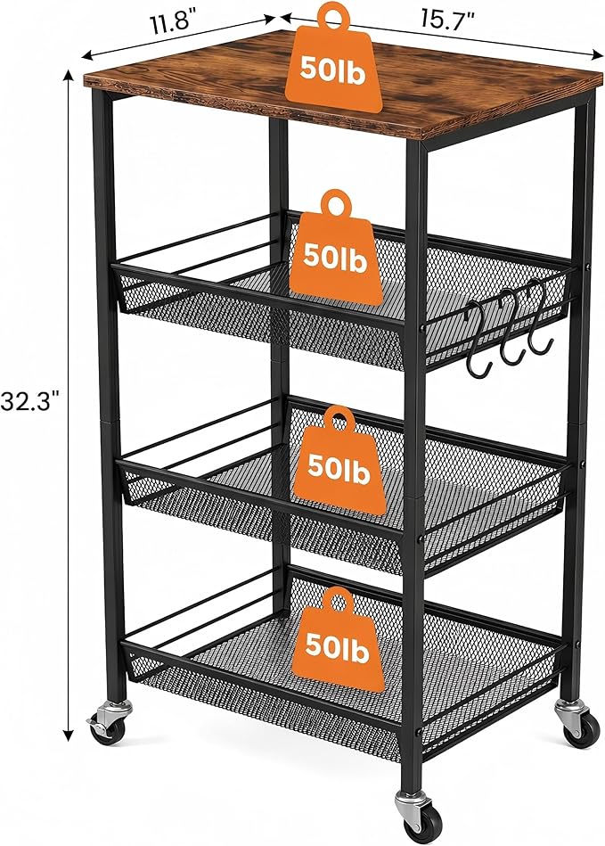 Homleke 4-Tier Rolling Kitchen Storage Cart, Utility Cart with Wooden Tabletop & Metal Baskets, Fruit Vegetable Basket for Kitchen, 3-S Hooks, Rustic Brown and Black