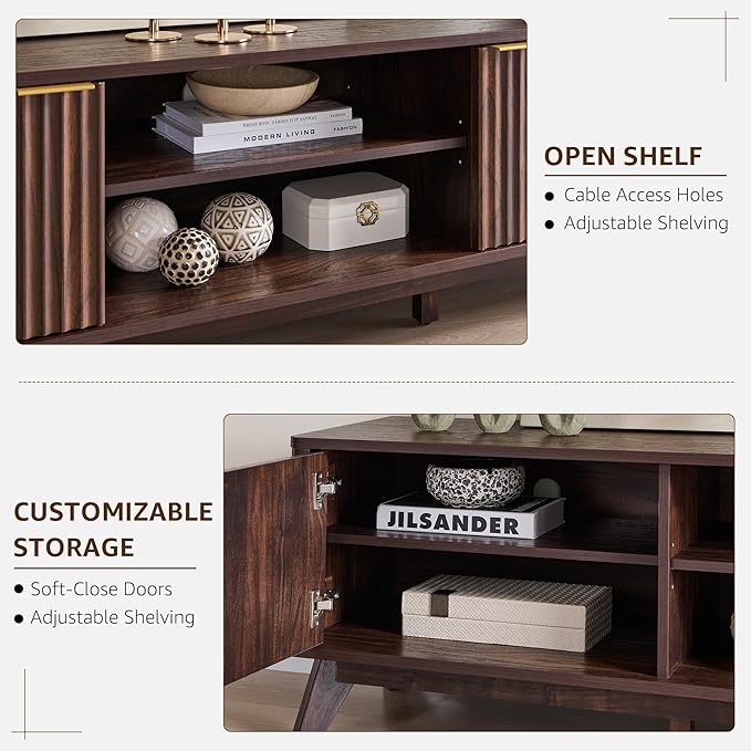OKD 70" Mid Century Modern Fluted TV Stand, Entertainment Center, Sideboard, Media Console for Living Room with 2 Soft Close Door/Adjustable Shelves (Dark Walnut)