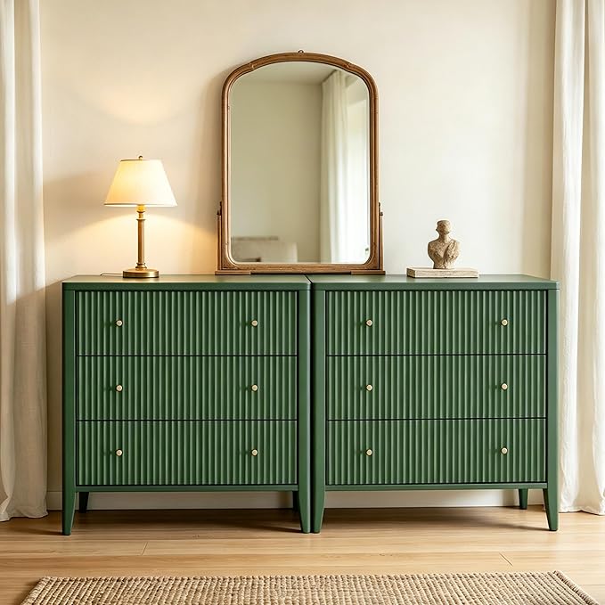 Fatmok Fluted 3 Drawer Dresser for Bedroom, 34" Wide Chest of Drawers, Modern Wood Nightstand End Table with Metal Handles, Striped Storage Cabinet for Living Room, Hallway, Entryway, Green