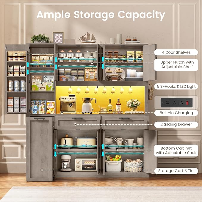 Itaar 71" Kitchen Pantry Cabinet with Charging Station and Led Light, Kitchen Storage Cabinets with Microwave Stand, 59" Wide Pantry Storage Cabinet with Storage Cart 3 Tier for Dining Room, Grey