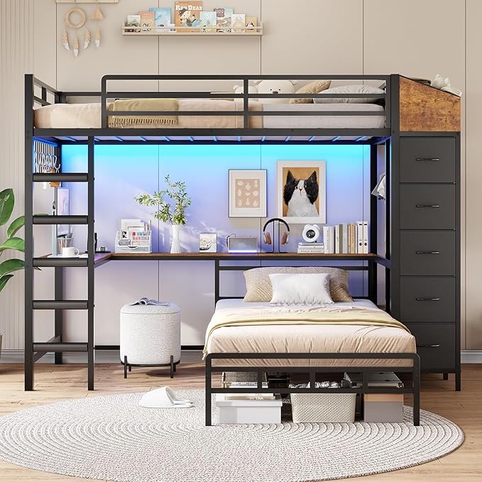 VIAGDO Bunk Bed Twin Over Twin with Hall Tree, Charging Station and LED Lights, L-Shaped Bunk Bed with Desk, 5 Storage Drawers, Twin Bunk Beds with Guardrail & Stairs, No Box Spring Needed, Black