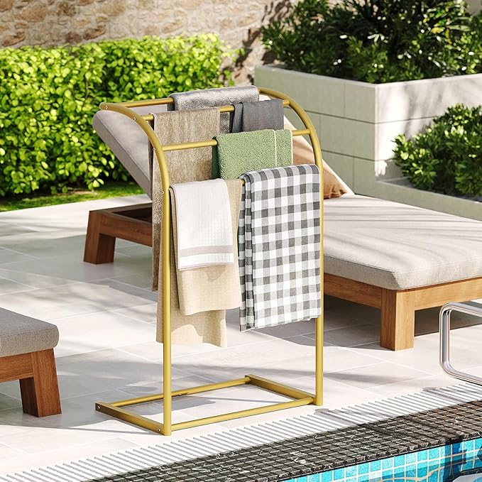 YATINEY Free Standing Towel Rack, 4-Tier Blanket Rack for Bathroom, Pool Towel Stand Display and Drying Rack, Modern Towel Blanket Storage Organizer, Gold CJ07GD