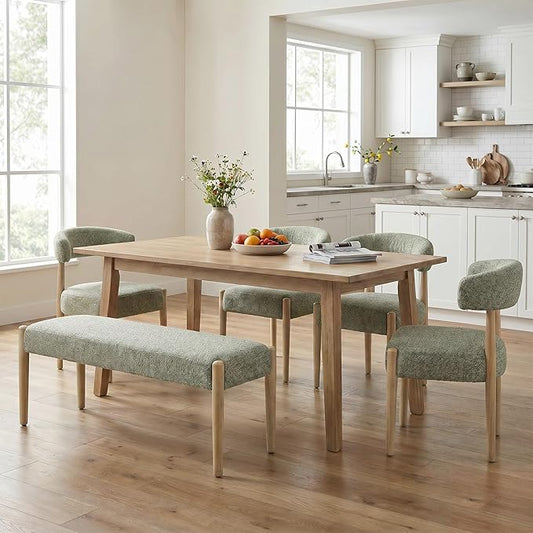VKNOW Upholstered Dining Room Set for 6, Mid-Century Modern Dining Chairs Set of 4 and Dining Bench with Rubberwood Legs, for Dining Room, Living Room, Kitchen, Green