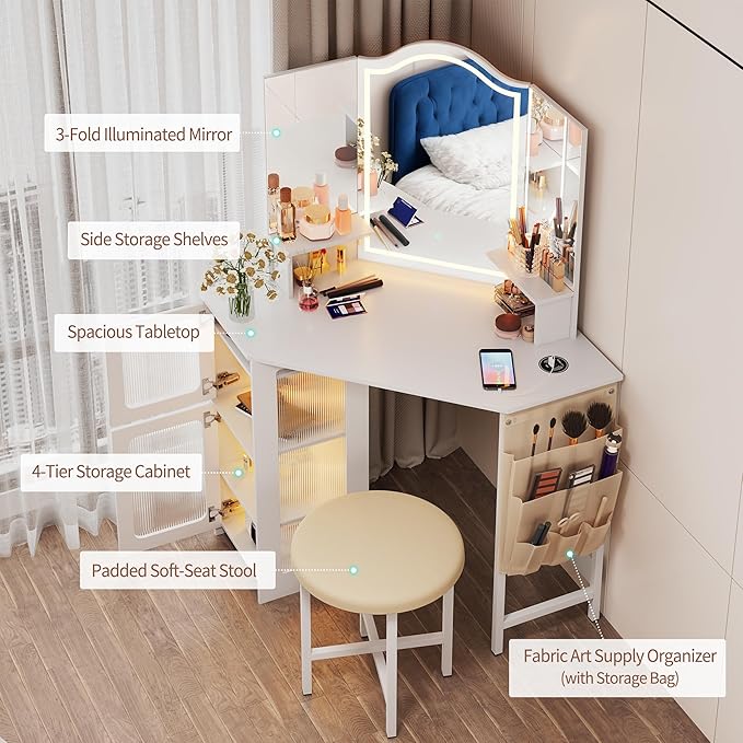 LVSOMT Corner Makeup Vanity Desk with Mirror and Lights, 44" Dressing Table with Charging Station, Makeup Table with Stool, Storage Cabinet and Adjustable Shelf, Bedroom Vanity for Girls Women, White