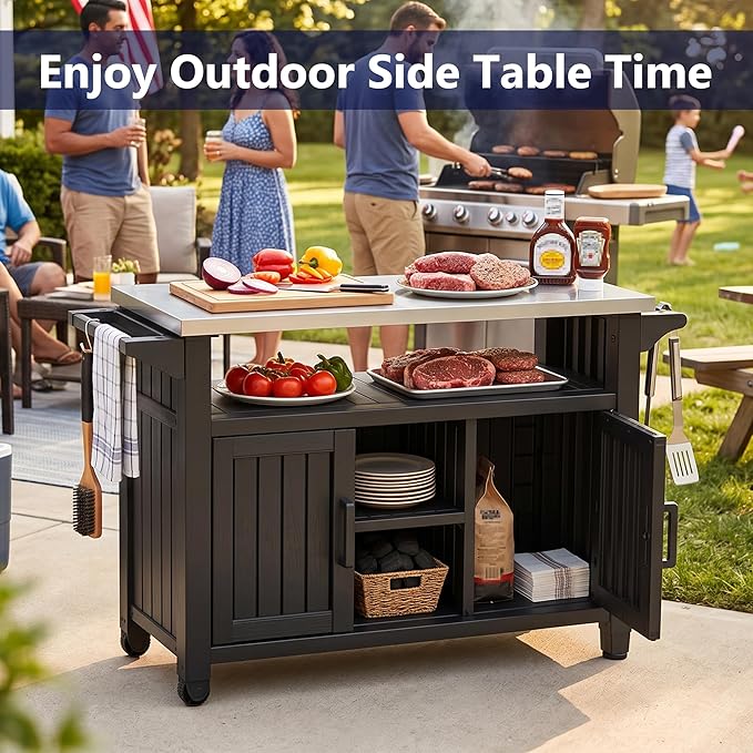 EasyUp Outdoor Storage Cabinet,Patio Storage Table, Bar Table with Wheels,Outdoor Bar Cart for Patio, Poolside and Backyard,Black