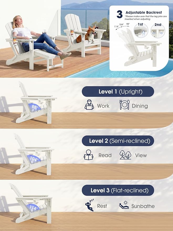 KINGYES Folding Adjustable Adirondack Chair with Ottoman & 2 Cup Holders, HDPE Adirondack Recliner Chair with Footrest, White
