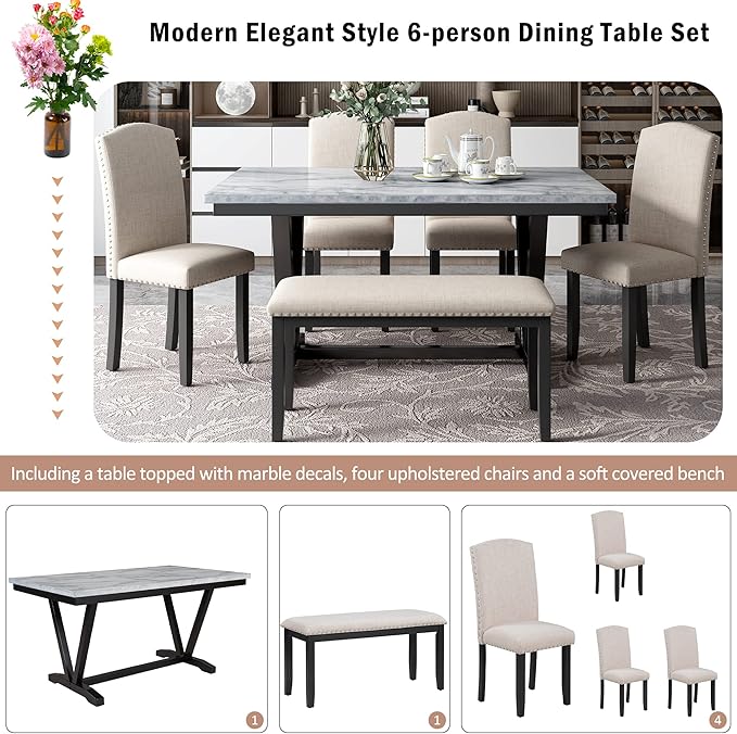 Harper & Bright Designs Modern Style 6-Piece Dining Table with 4 Chairs & 1 Bench, Table with Marbled Veneers Tabletop and V-Shaped Table Legs (White)