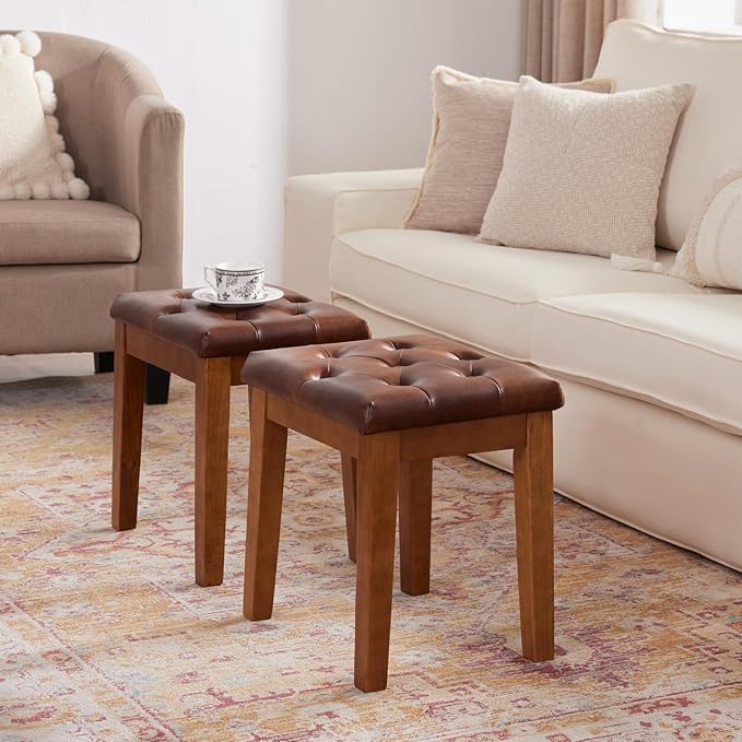 Upholstered Ottoman Stool with Padded Seat, Tufted Vanity Stool with Solid Wood Legs, Accent Stools, Faux Leather Retro Brown