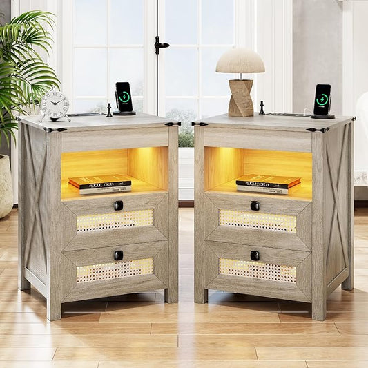 Grey Night Stand Set 2 with Gun Drawer, Bedside Table with Charging Station, LED Nightstand with Human Sensor Light, Farmhouse End Table for Bedroom Living Room