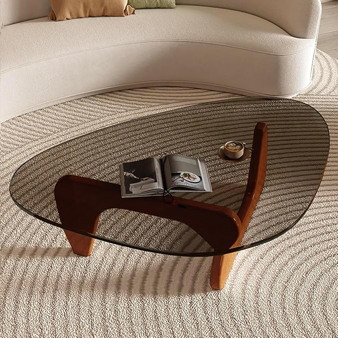 Mid Century Modern Glass Coffee Table, Coffee Table for Living Room, Noguchi Coffee Tables,Suitable for Bedroom Living Room Reception Office Tables (Walnut/Grey, ML)
