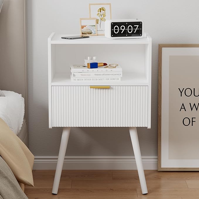 JOONEE White Nightstand,Modern Bedside Table with Storage Drawer and Open Wood Shelf, for Living Room, Bedroom and Small Spaces, Accent Night Stand with Solid Wood Legs, Easy Assembly,Classic White