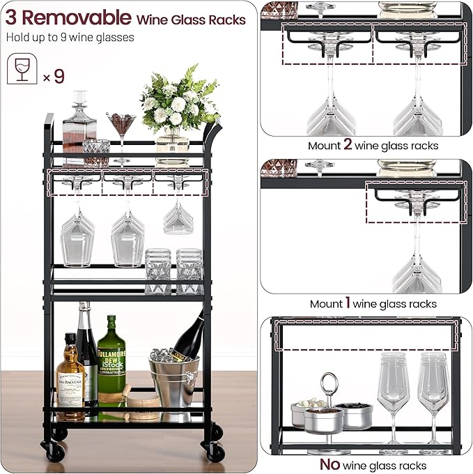 Black Small Bar Cart with 3-Tier Mirrored Shelf, Glass Holders for Kitchen, Dining Room, Living Room - Drink Cart on Wheels with Wine Glass Rack