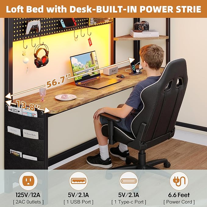 Dnxao Full Size Loft Bed with Desk, Heavy Duty Metal Bed Frame for Teens Adults, 6 Storage Drawers, Power Outlet with Type-C, LED Lights, Integrated Study Workstation for Small Room, Rustic Brown