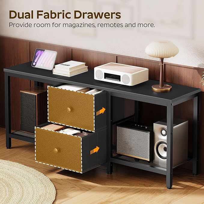 YATINEY TV Stand for TVs up to 55", Entertainment Center with 2 Fabric Drawer, Media Console with Shelves, Television Stands for Living Room, Bedroom, Black DS02BB