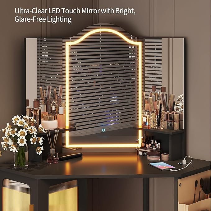LVSOMT Corner Vanity Desk with Mirror and Lights, Makeup Vanity with Charging Station, Dressing Table with 3 Lighting Options, Vanity Set with Stool, Women’s Vanity for Bedroom, Black