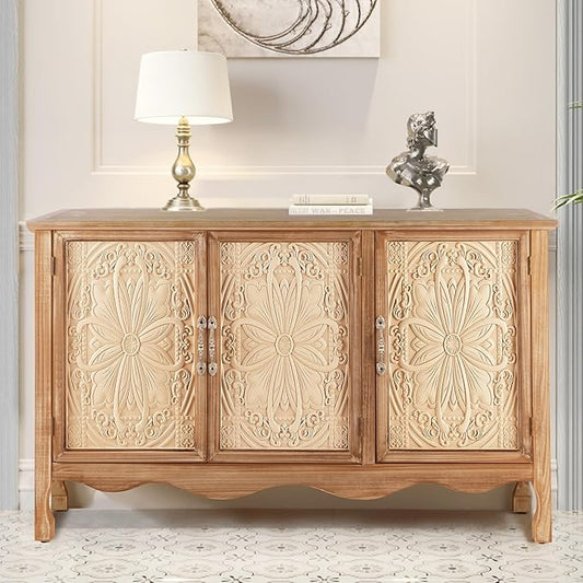 RoyalCraft Farmhouse Sideboard Buffet Cabinet with Storage, 49" Solid Wood Credenza Buffet Table Coffee Bar Wine Bar Storage Cabinet with 3 Doors for Dining Room Living Room Hallway, (Provence Grain)
