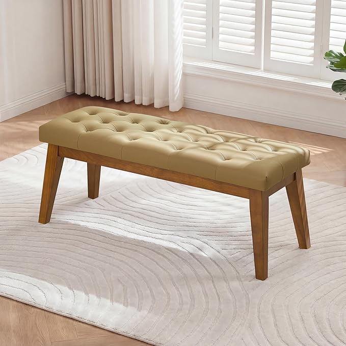 43.5" Upholstered Bedroom Bench, Faux Leather Entryway Bench with Solid Wood Legs, End of Bed Bench with Cushion, Tufted Button Dining Bench for Living Room, Bedroom, Hallway, Light Brown
