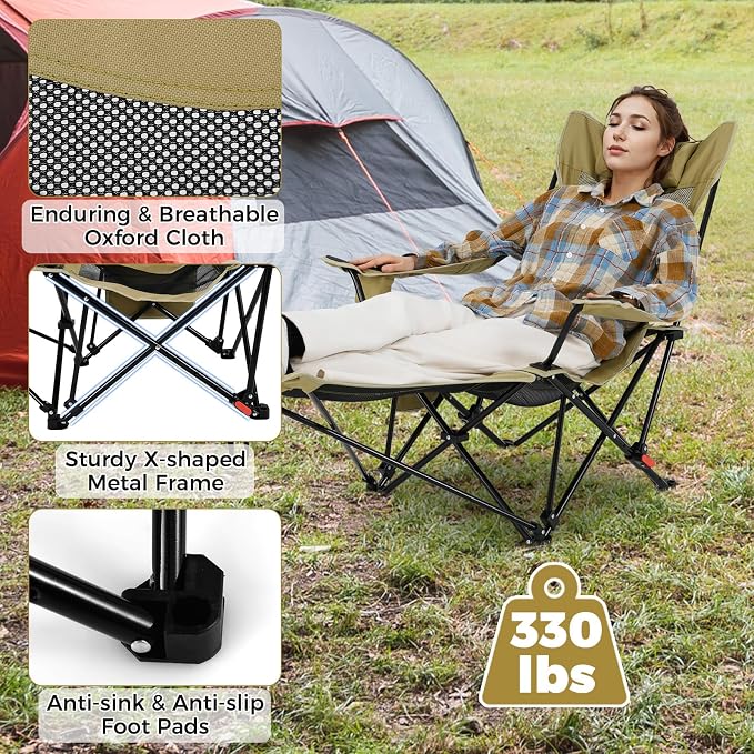 Goplus Camping Lounge Chair w/Detachable Footrest, Folding Beach Chair w/4-position Backrest, Carrying Bag, Removable Pillow, Cup Holder, Storage Pouch, Reclining Chair, 330LBS Capacity (Green,2)