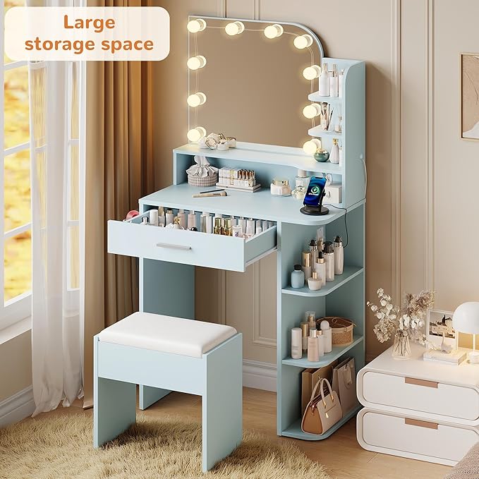 wanan Makeup Vanity with Chair, Small Vanity Desk with Mirror and Lights 3 Colors, Girls Vanity Set with Power Outlet, Compact Vanity Table for Small Space, Sky Blue