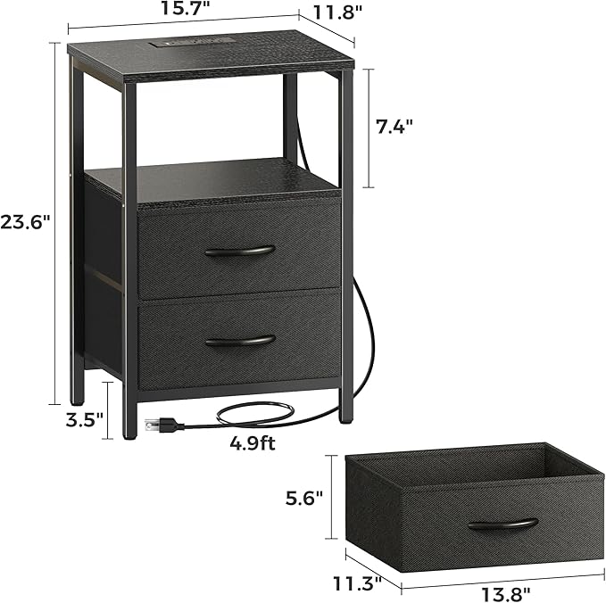 Huuger Nightstands Set of 2, End Tables with Charging Station, Side Tables with Fabric Drawers, Bedside Tables with USB Ports and Outlets, Night Stands for Bedroom, Black