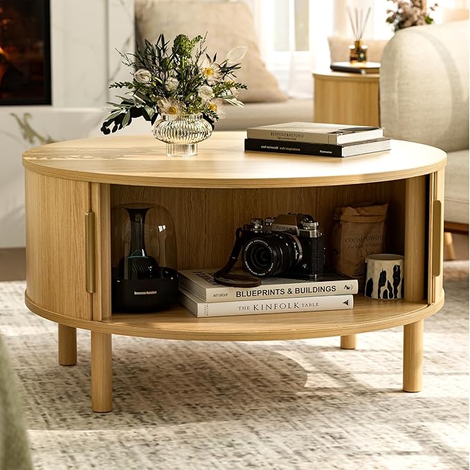 ZttRiee Coffee Table for Living Room, Modern Round Coffee Table with Cabinets & Sliding Doors, Home Small Space, 29.9" Fluted Center Table, Natual