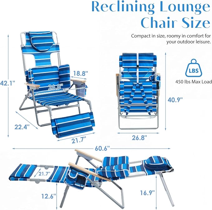 5-Positon Backpack Beach Chair, Portable Folding Tanning Chair, Double Shoulder Straps Beach Lounge Chair with Footrest, Face Hole, Towel Bar for Camping (Blue White, 60.6")
