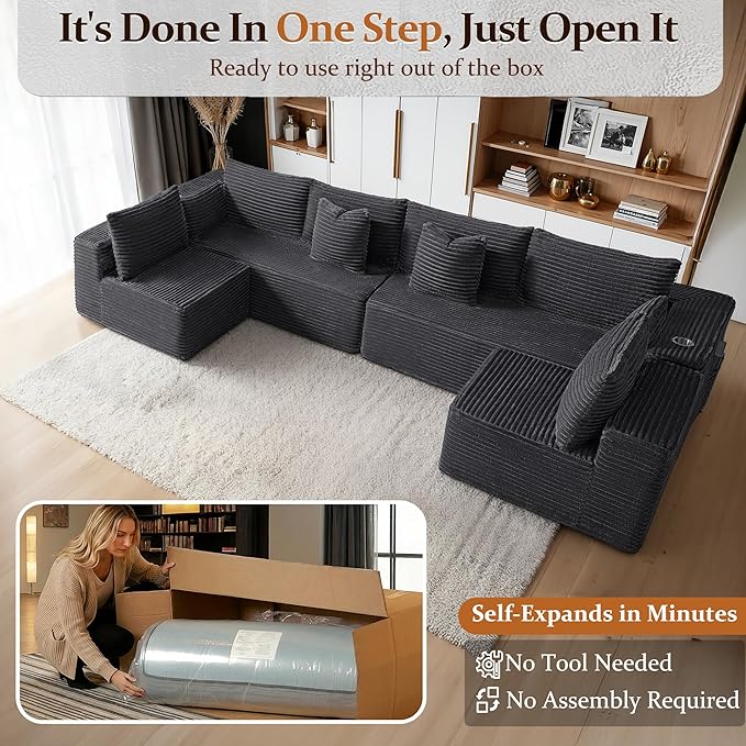 138" Cloud Sectional Couch, Comfort U Shaped Sofa for Living Room, Extra Deep Seats No Assembly, Minimalist Modular Couch, Corduroy (Dark Grey, 6 Seats,U-Shape B)