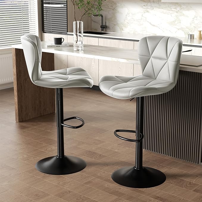 Nalupatio Modern Bar Stools Set of 3, Adjustable Faux Leather Upholstered Swivel Bar Stools, Counter Height Bar Chairs with Back for Kitchen Island, Light Grey