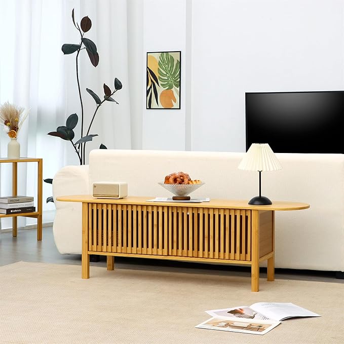 Bamboo TV Stand for TVs up to 65", Accent Entertainment Center with Storage, Media Console Table with Fence Door, Modern TV Stand for Living Room, Bedroom, 55"(L), Burlywood